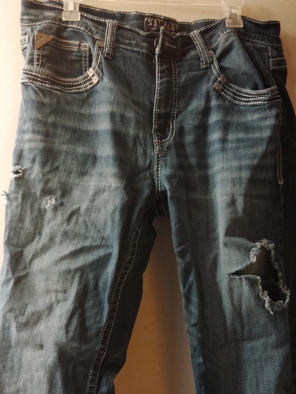 Salvage Men’s Washed Blue Slim Straight Jeans with Distressed Accents